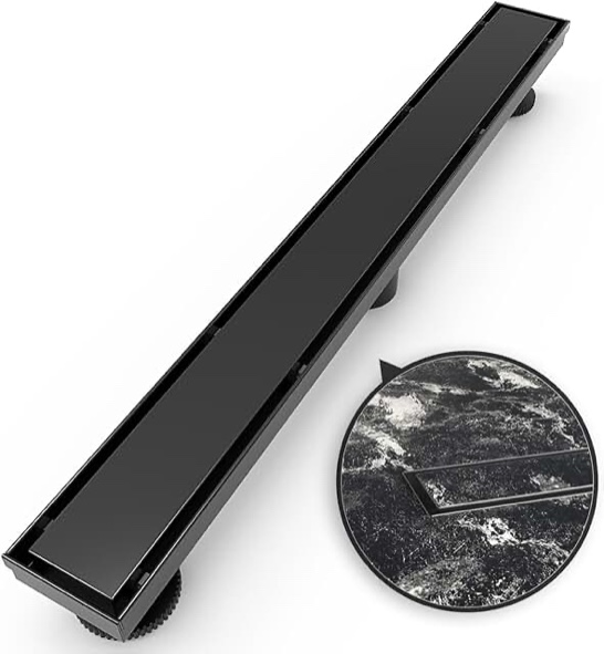 Elefloom Linear Shower Drain, Black Shower Drain 24 inch with Tile Insert 2-in-1 Panel, Brushed AISI 304 Stainless Steel Black Shower Drain, Linear Drain with Hair Strainer and Adjustable Feet