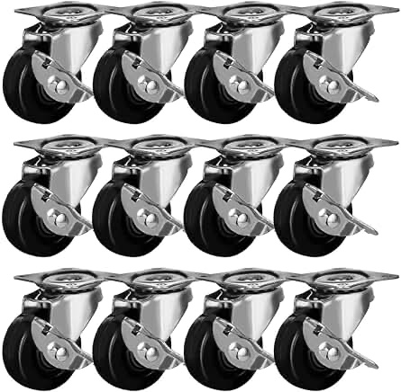 12 Pk 2" Swivel Caster With Brake Wheels Hard Rubber Base With Top Plate & Be...