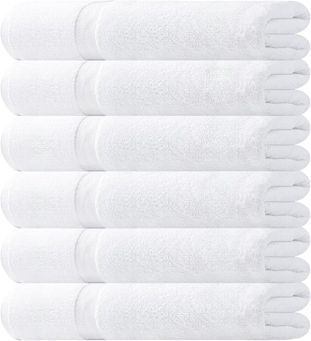 White Cotton Bath Towels for Hotel-Spa-Pool-Gym - Lightweight Soft Absorbent Ring Spun Cotton Bathroom Towel - 24x50 Inch - 6 Pack - White