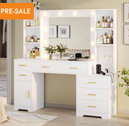 48.8 Inches Large Makeup Vanity Desk With Lighted Mirror & Power Outlet Glass Tabletop Bedroom Dressing Table White (incomplete box 1)