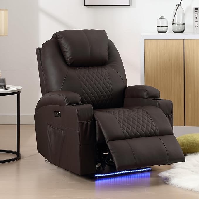 Power Recliner Chair PU Leather Electric Massage Recliner Sofa for Living Room Home Theater Seating with Cup Holders and LED Lighting