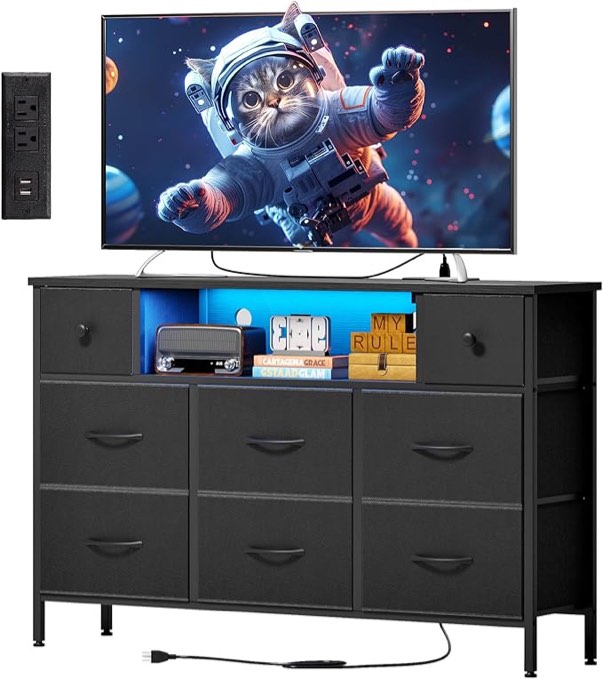 8-Drawer Dresser, LED TV Stand for up to 65" TVs, Fabric Storage, Chest of Drawers with Power Outlets for Home Bedroom