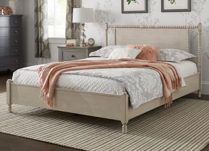 Antique Finish Beaded Wood Platform Bed - Antique White Queen(incomplete box 1/2)