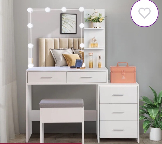 Calletano 44.3"Wide Makeup Vanity Set with Mirror Cabinet, Stool,5 Drawers