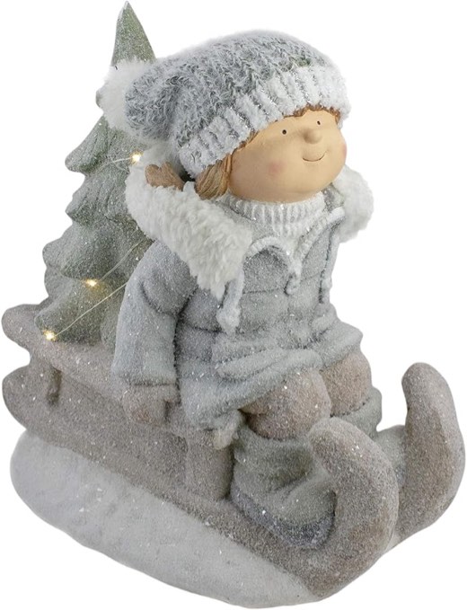 15" Beige and Green Lighted Girl on a Sled Christmas Decoration
