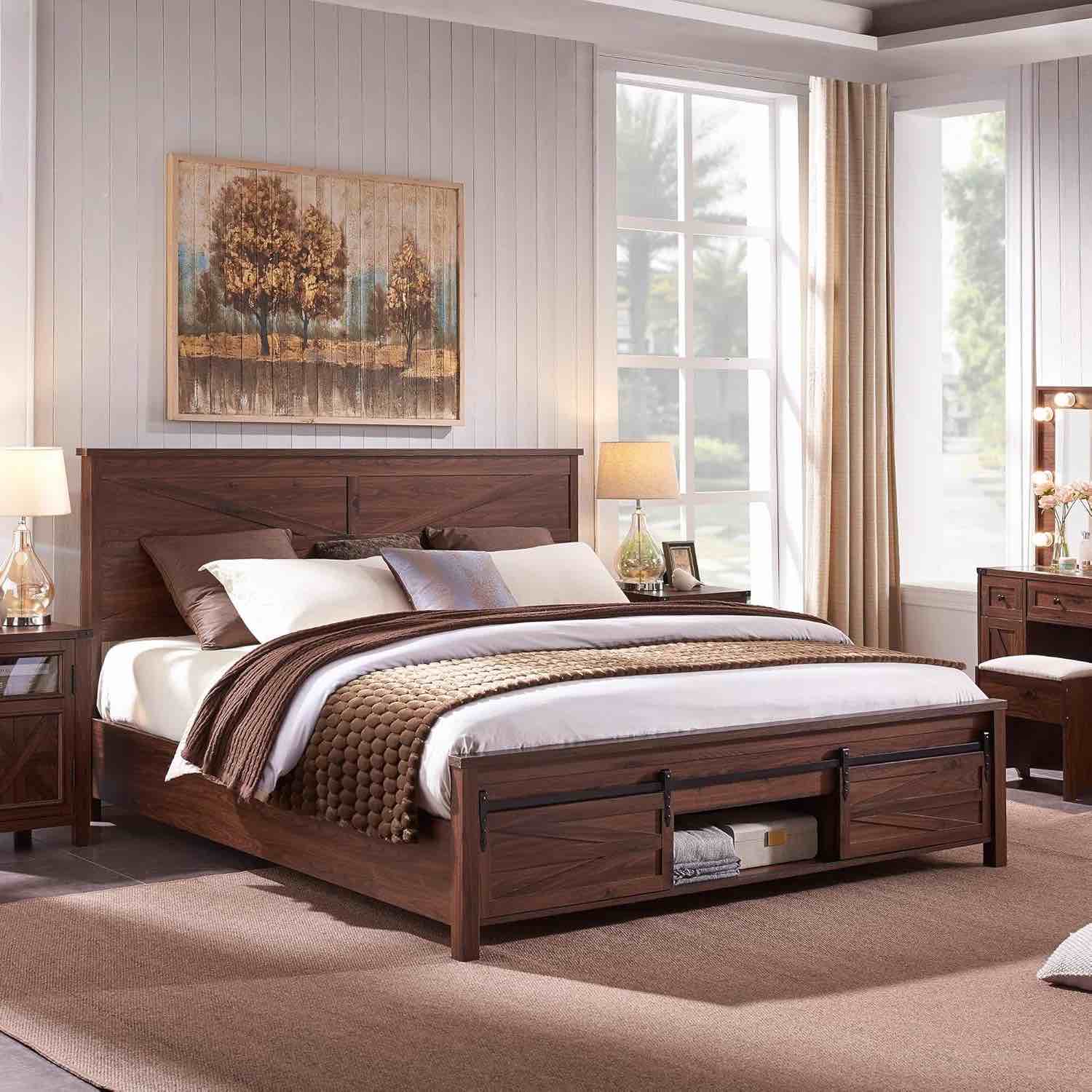 Argana Farmhouse Wood Bed Frame with Headboard and Sliding Barn Door Storage Cabinets(incomplete box 2/2)