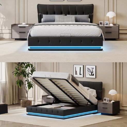 Upholstered Platform Hydraulic Storage Bed, Lift Up Storage Bed With RGB LED Light Headboard(incomplete hardware only)