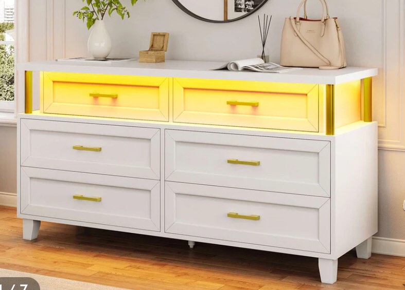 6 Drawers Wide Led Dresser With Chests Of Drawers & Column Design White