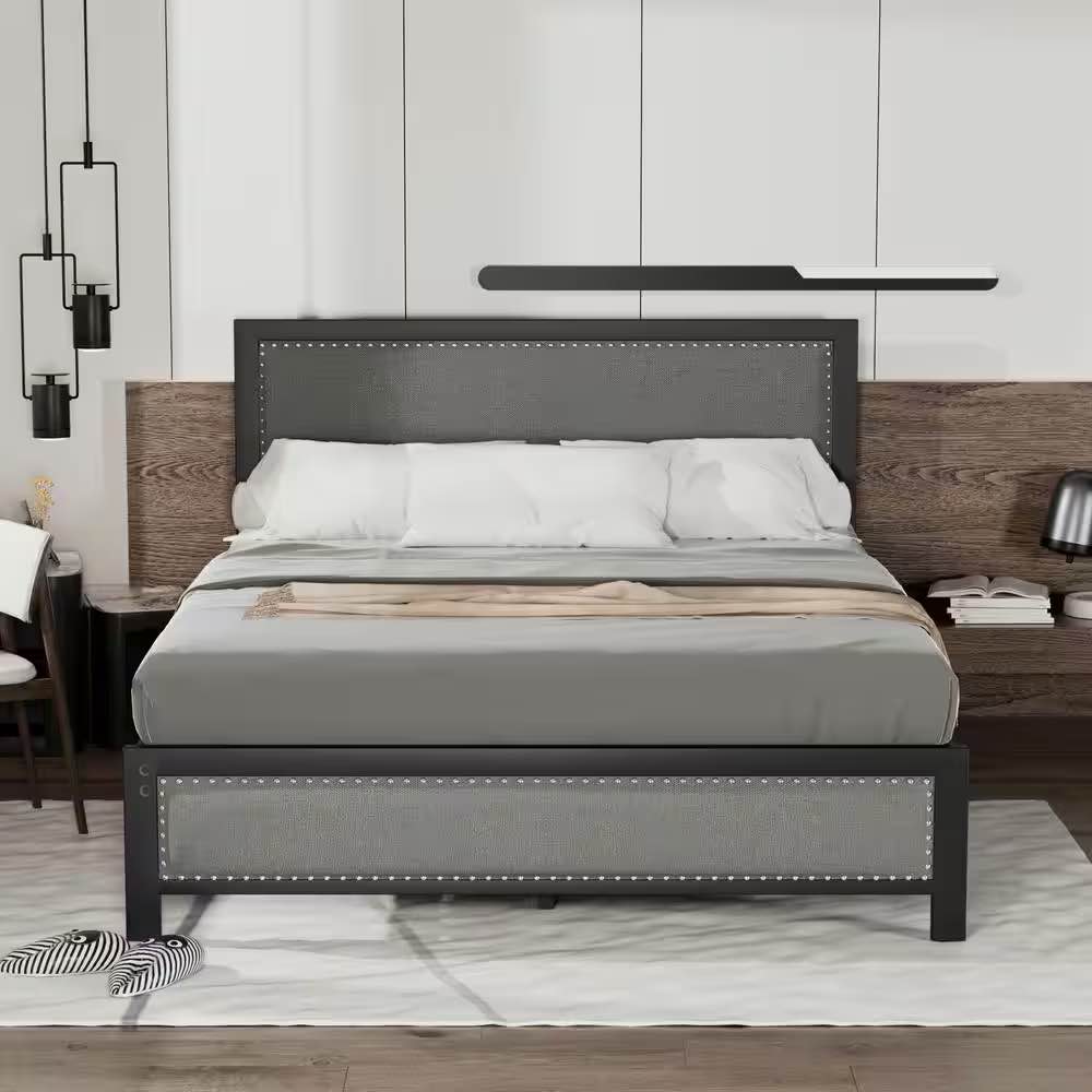 VECELO Metal Bed Frame Full Gray with Linen Upholstered Headboard