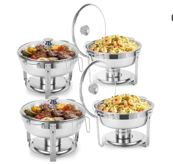5 QT Round Stainless Steel Chafing Dish Buffet Set With Glass Lid & Lid Holder
