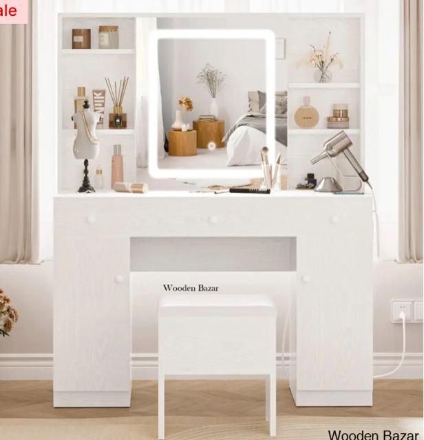 Kimrey Vanity Desk with Llight Sliding Mirror and 7 Drawers,  Makeup Vanity Table Set for Bedroom