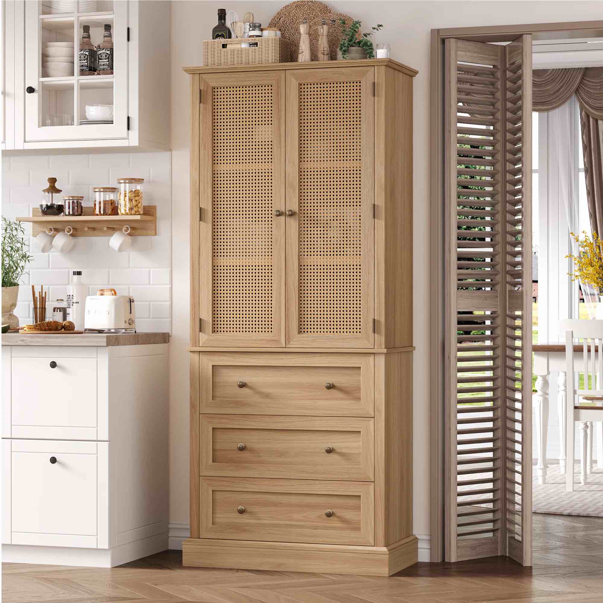 Ashlon 73" Kitchen Pantry With Adjustabel Shelf, Rattan Door Pantry Cabinet With Removable Wine Rack