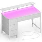 Linze Computer Desk with Drawers and Monitor Shelf, Gaming Desk with RGB LED Lights & USB Ports