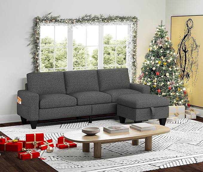 Convertible Sectional Sofa Couch:Modern L-Shaped Sofa Couch with Reversible Storage Ottoman&Storage Pockets - 3-Seat Dark Gray Linen Sofa Couch for Living Room/Apartment/Studio/Small Space