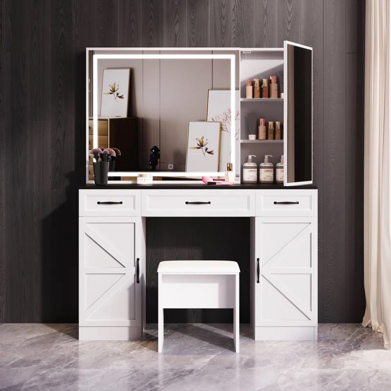 Farmhouse Barn Door  Makeup Vanity Set With Built-in Outlets And LED Lighting