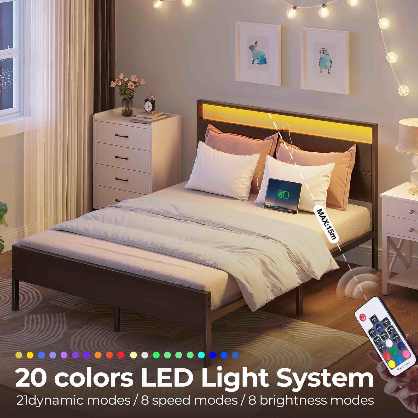  ( Size Twin )) Deviana Metal Bed Frame with Headboard & Footboard and Charging Station, LED Light Included