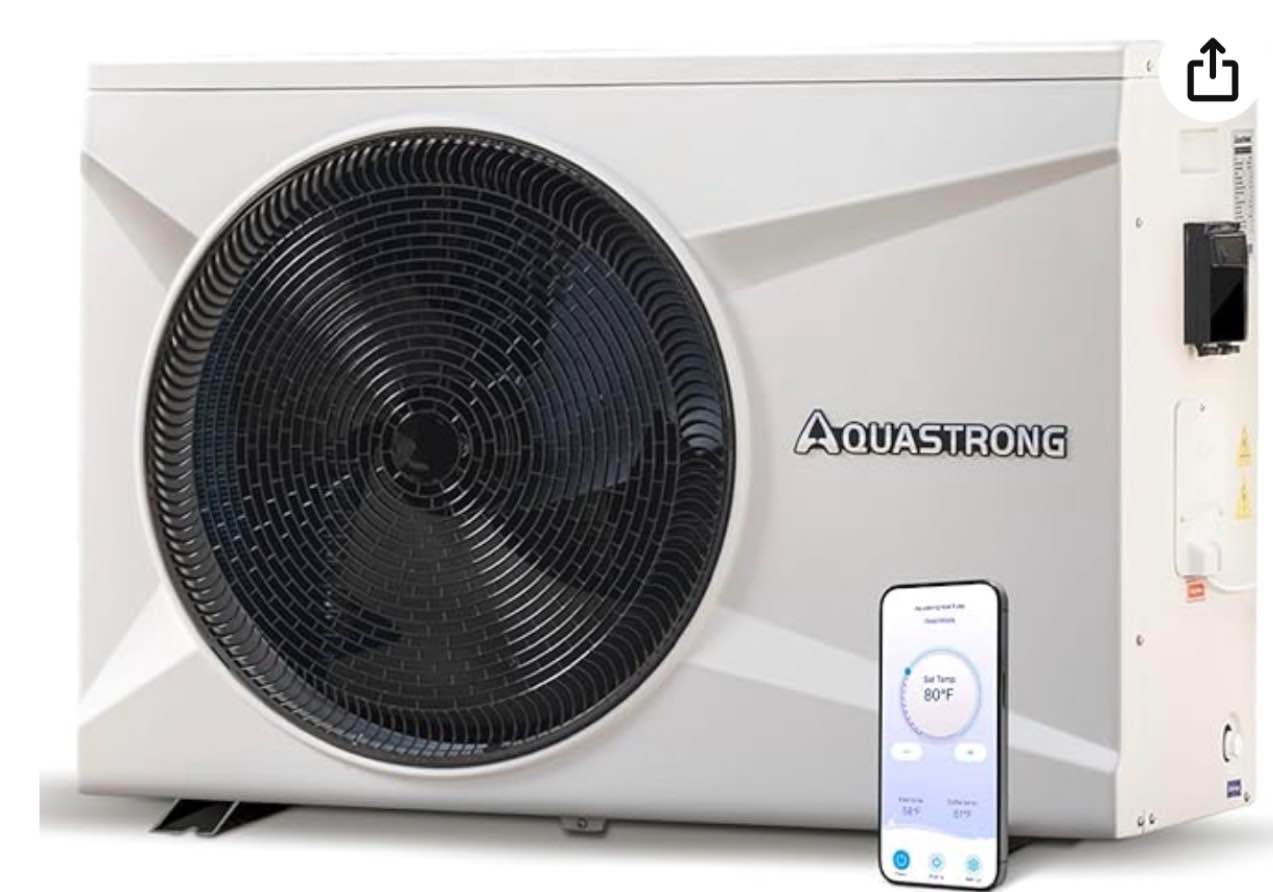 aquastrong inverter swimming pool heat pump, 35,000 btu 9,000 gallons electric pool heater for above ground and inground pool, wifi capable timer, heating and cooling pool heater 120v