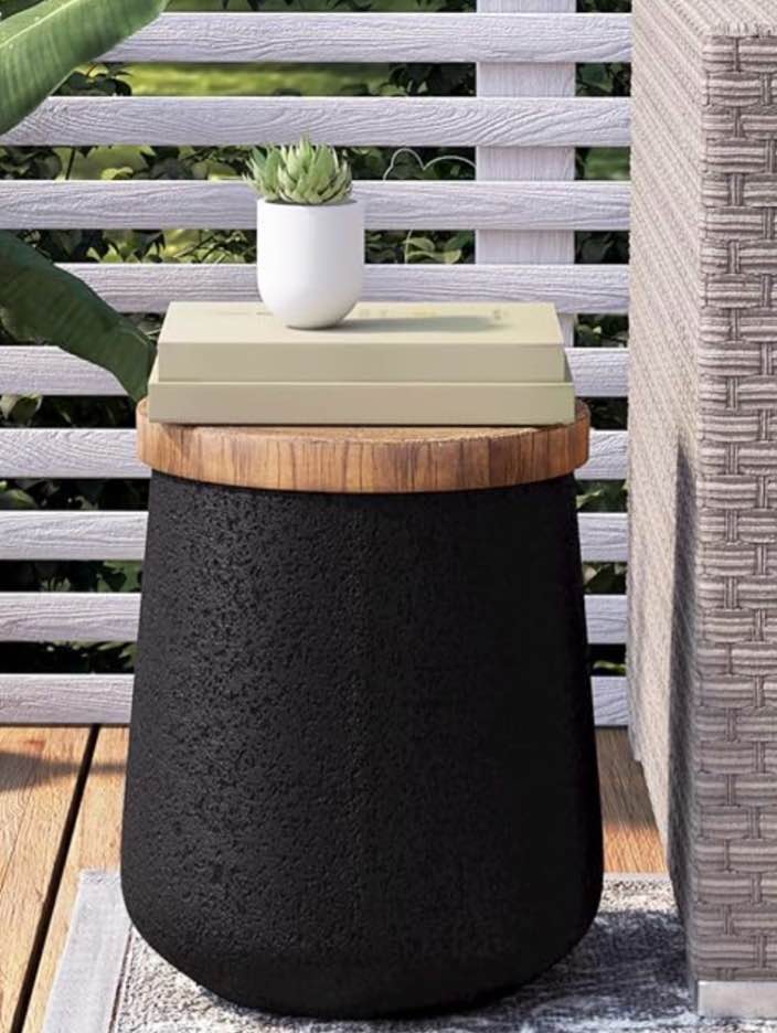 COSIEST Drum End Table Cylinder Shaped Concrete Side Table Faux-Wood Top, Black Outdoor Accent Table with Tree Trunk Slice Hand Painted, Accent Stool