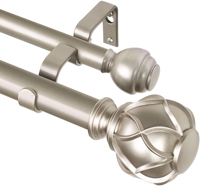 KAMANINA 1 Inch Double Curtain Rods 66 to 120 Inches (5.5-10 Feet) Telescoping Heavy Duty Drapery Rod for Windows 54 to 115, Netted Texture Finials, Champagne