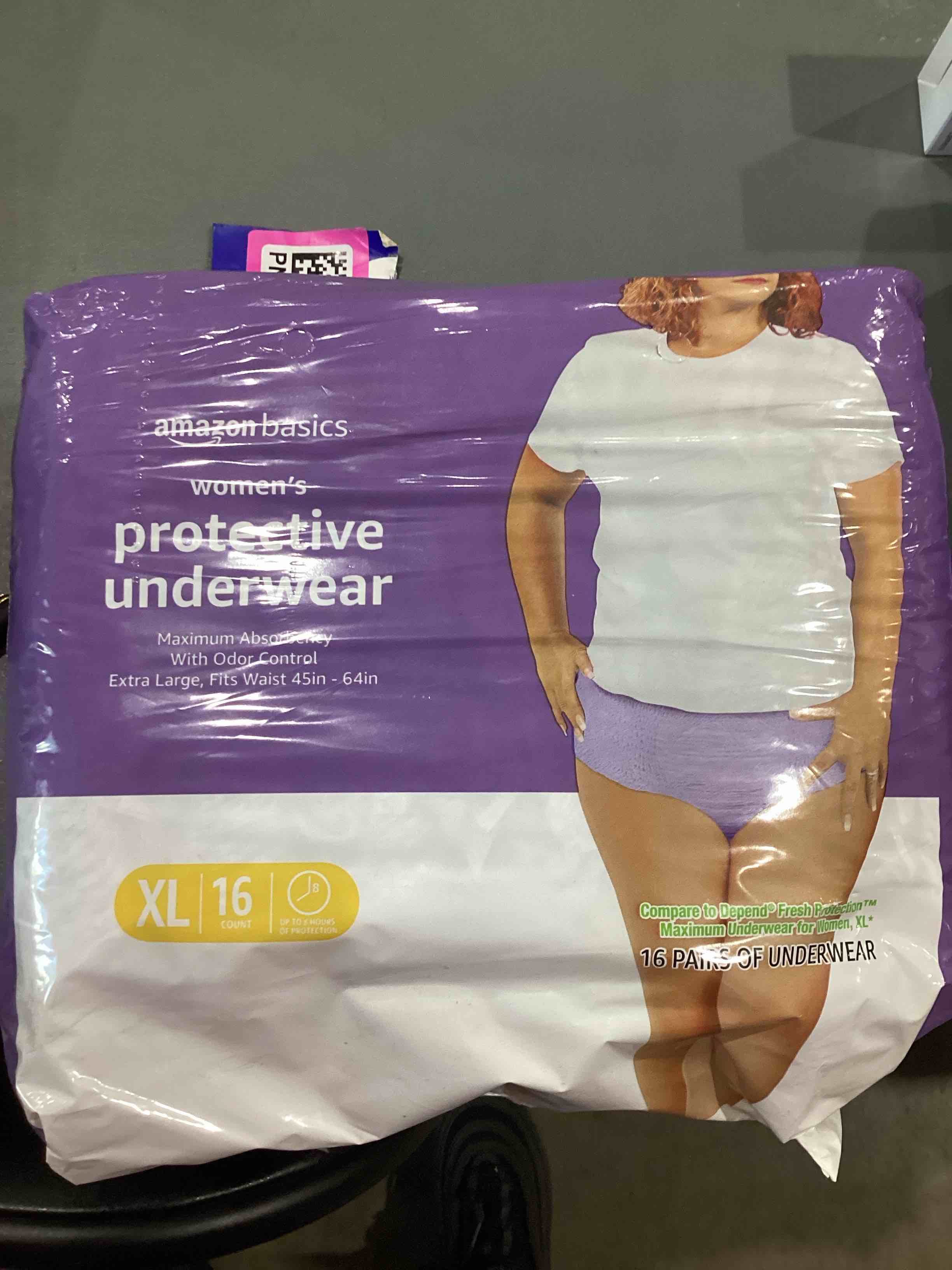 Condition photo showing Good Condition for amazon basics incontinence underwear for women, protective, disposable, postpartum, maximum absorbency, x-large, lavender, 16 count