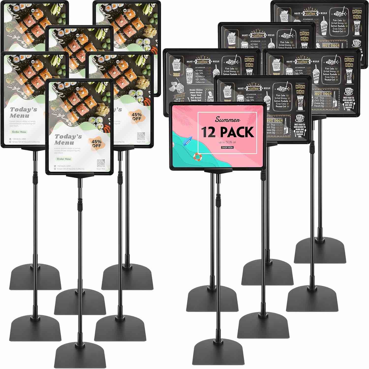 Pack of 12 Adjustable Poster Holders, Standing Sign Holder for Advertising, Vertical and Horizontal Commercial Menu Holder, Black