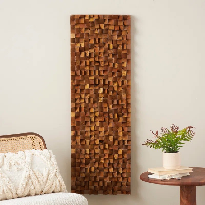  2 Wood Handmade 3D Cube Inspired Panel Geometric Brown Wall Decor