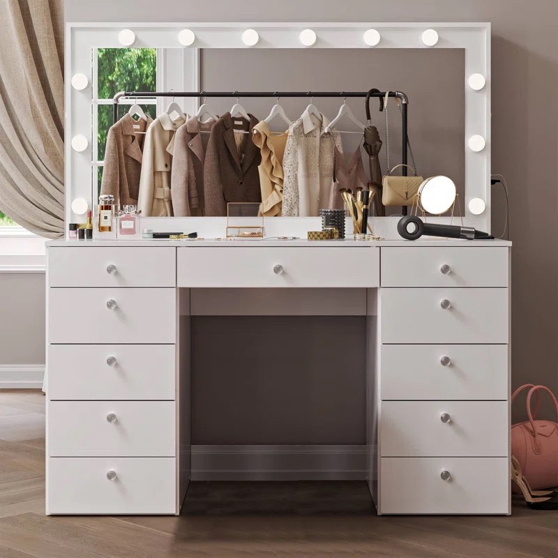 Glass Top Vanity Desk With Led Lighted Mirror & Power Outlet, Large Makeup Vanity With 11 Drawers, Vanity Table Set With Cushioned Stool For Bedroom, Dressing Room