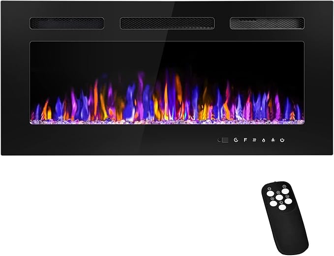 36" Electric Fireplace Wall Mounted and Recessed with Remote Control, 750/1500W Ultra-Thin Wall Fireplace Heater W/Timer Adjustable Flame Color and Brightness, Log Set & Crystal Options
