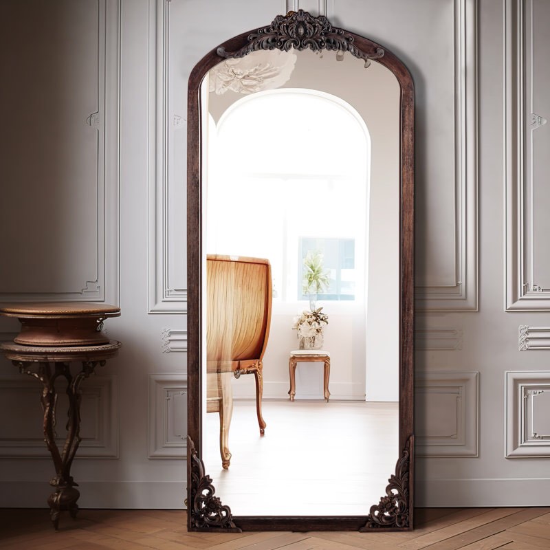 Anjulie Arch Solid Wood Mirror Ornate Mirror Wall Mirror Retro Mirror with Carved Frame