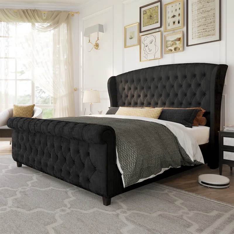 incomplete Dulane Velvet Upholstered Sleigh Bed with Scroll Wingback Headboard & Footboard