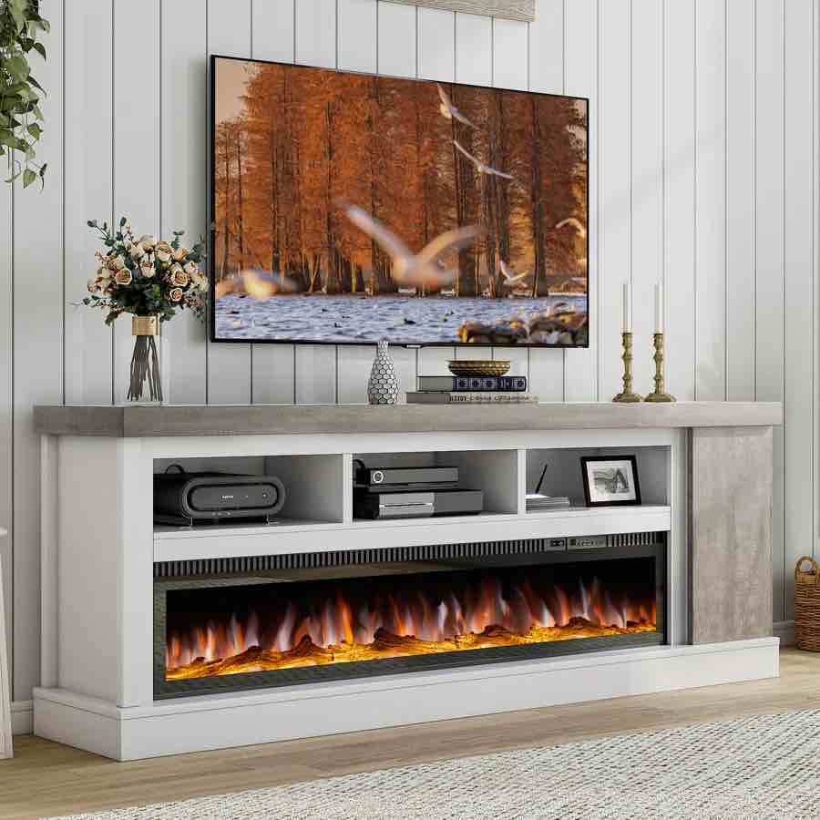 Bowrah 75" Fireplace Tv Stand With 60" Glass Electric Fireplace, Color Contrast Farmhouse Entertainment Center With Storage For Tvs Up To 85" For Living Room, White & Light Gray