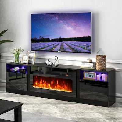AOXUN 79-in W Black TV Stand with LED Flat Wall Electric Fireplace with Remote Control Included