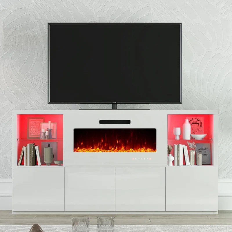 Bhhatu High Gloss TV Stand with 40" Fireplace,LED Lights,2 shelves&4 cabinets