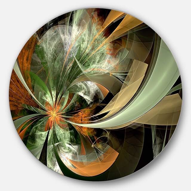 symmetrical orange green fractal flower round metal wall print