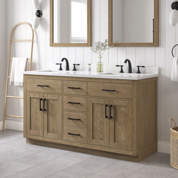 Double sink Bathroom Vanity in Driftwood Oak with Power Bar