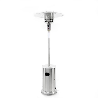 style Gas Patio Heater Stainless Steel Finish 48,000 BTUs Stainless steel and rust-resistant aluminum construction 20-Ib propone tank required (sold separately) Steel burner with electric push-button ignition