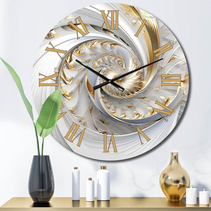 Whirling While Glam Fractals in Gold and White III - Fractals Wall Clock