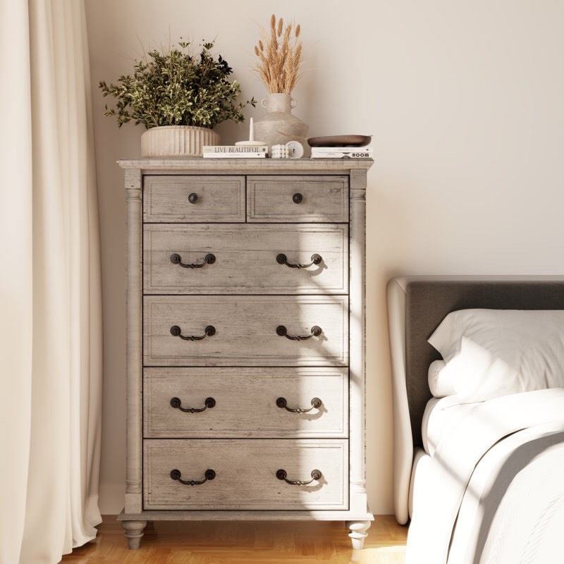 Helmick Farmhouse 6 Drawers Dresser with 4 Solid Wood Feet for Bedroom,Tall Storage Dressers for Bedroom, Living Room