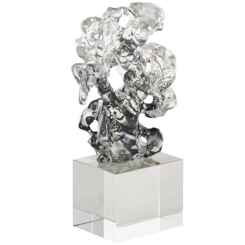 Wakeem Glass Freeform Abstract Decorative Clear Sculpture with Clear Square Base
