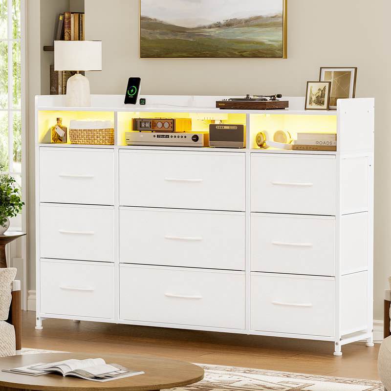Cheo 9 - Drawer Dresser With 2-Tier Open Shelf, Dresser With Power Outlet & Led, 43"W Dresser For Bedroom