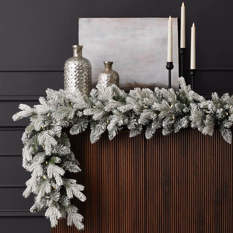 Shadow Woods Flocked Spruce 9ft Garland, Pre-Lit 50 Warm White
