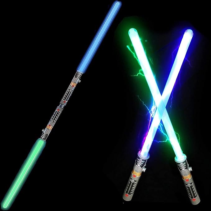 2-in-1 LED Light Up Sabers, Dual Bladed Toy Saber Swords Set for Kids with FX Power Up and Motion Sensitive Sound Effects