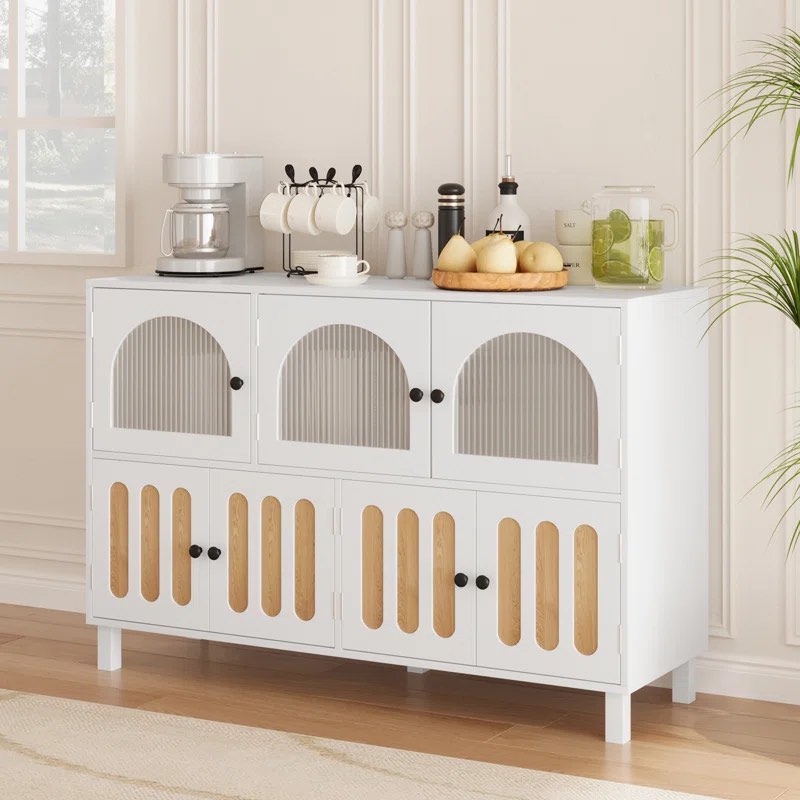 Sideboard Buffets With 4 Storage Cabinet, Vertical Wave Arched Tempered Glass Doors