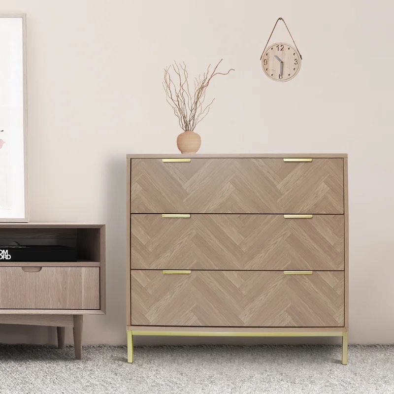 Bendt Modern 3 Drawer Chest Dresser, Mid Century Natural Oak Organizer Bedroom Furniture with Gold Metal