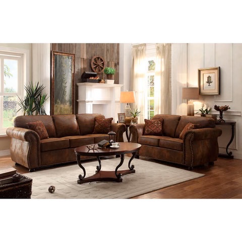 Homelegance Corvallis Love Seat With 2 Pillows In Brown Bomber Jacket Microfiber