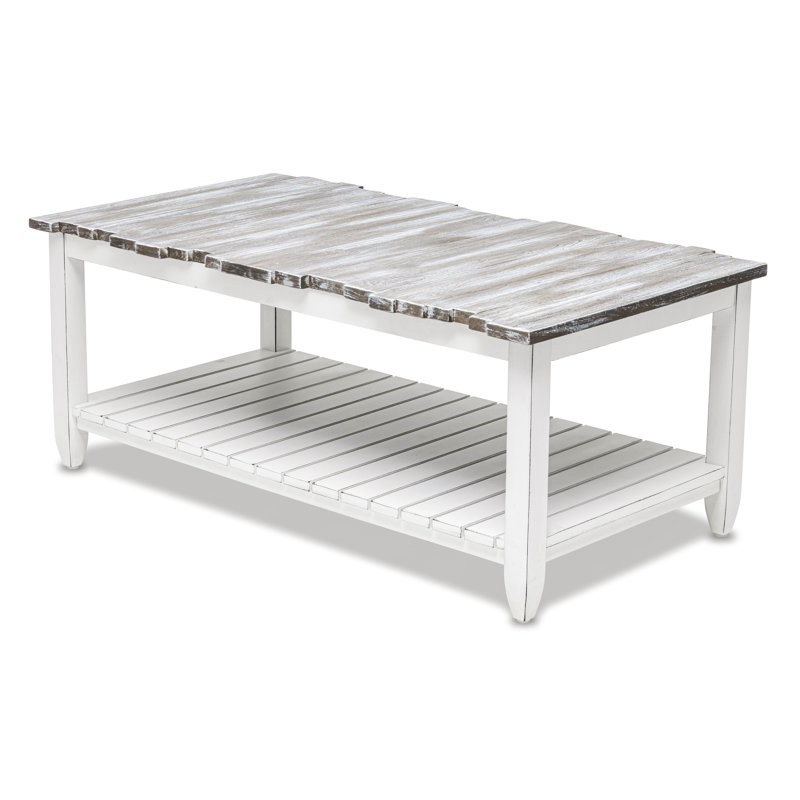 Decastro Solid Wood Coffee Table with Storage - Distressed White Wash Teal/Blue Coastal