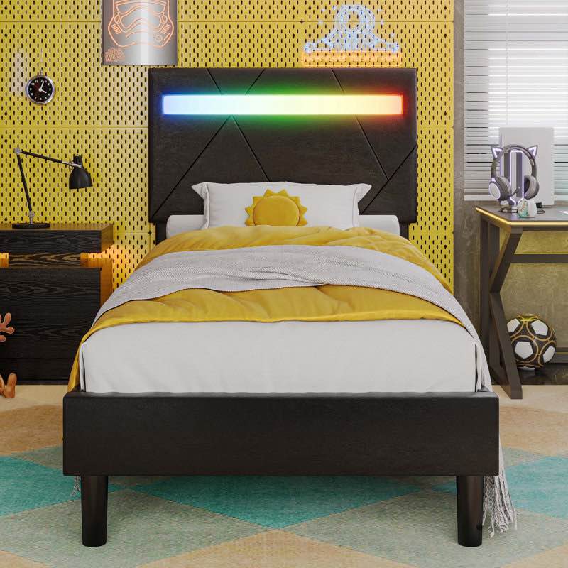 Modern Style Twin Full Queen PU Leather Upholstered Bed, Bed Frame With LED Light And Adjustable Headboard