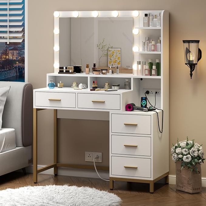 Umeka Vanity with 5 Drawers, Power Outlets and Lighted Mirror