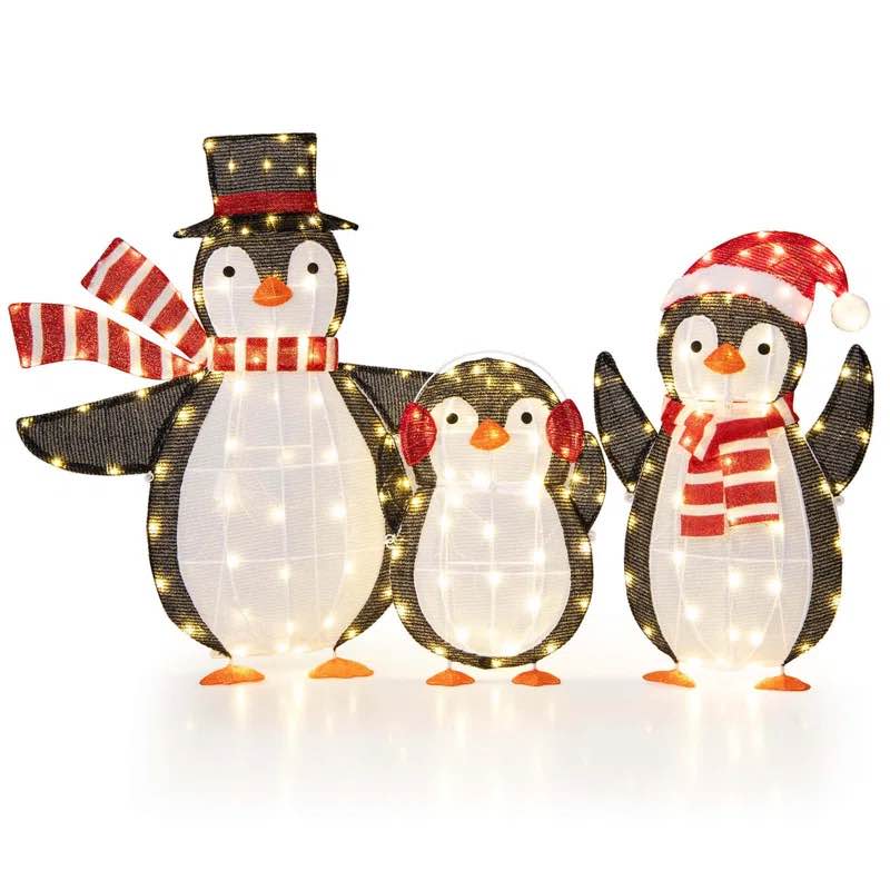 3 Pcs Lighted Penguin Family With 194 Led Lights Zip Ties & Ground Stakes