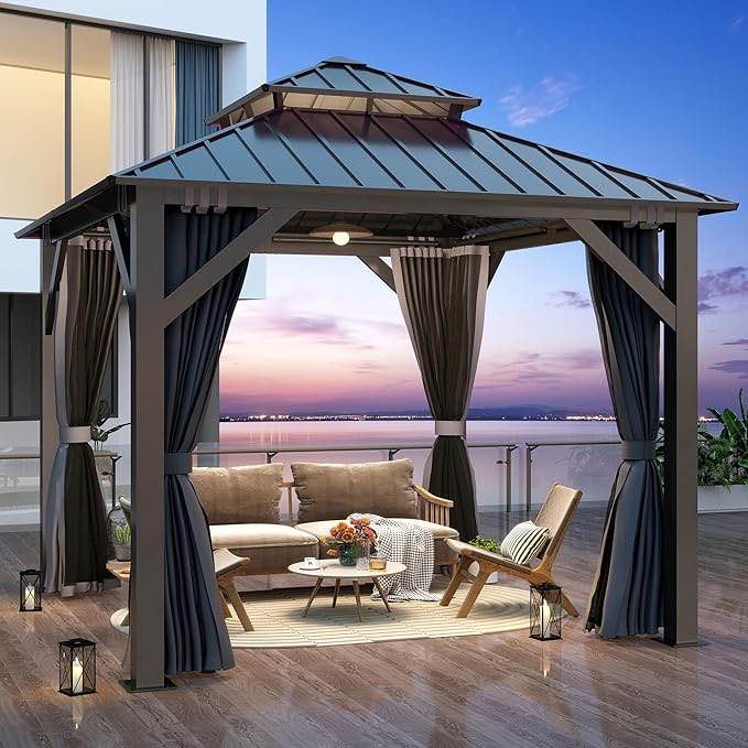 Outdoor Hardtop Gazebo - Aluminum Heavy-Duty Galvanized Steel Top Gazebo with Breathable Netting & Privacy Curtain, Double Roof Gazebos for Patio, Porch, Garden, Lawn, Deck, Backyard